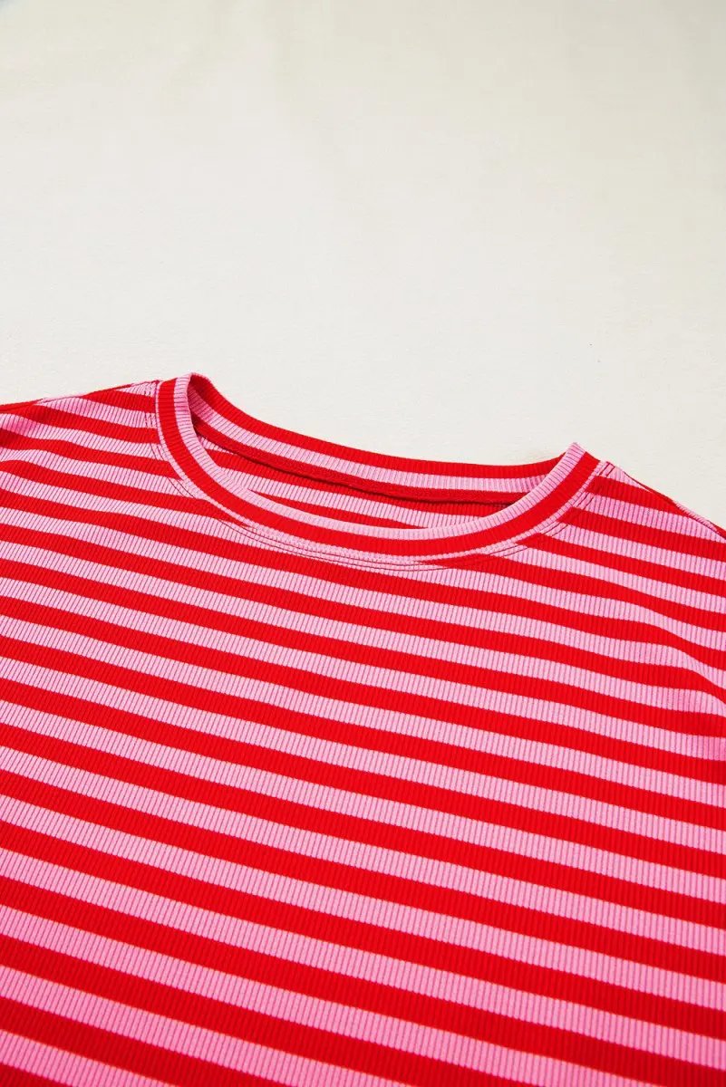 Red Stripe Ribbed Cap Sleeve Round Neck T Shirt for Women - Love Salve
